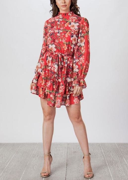 Bella Boho Floral Ruffle Print Dress - M / Red