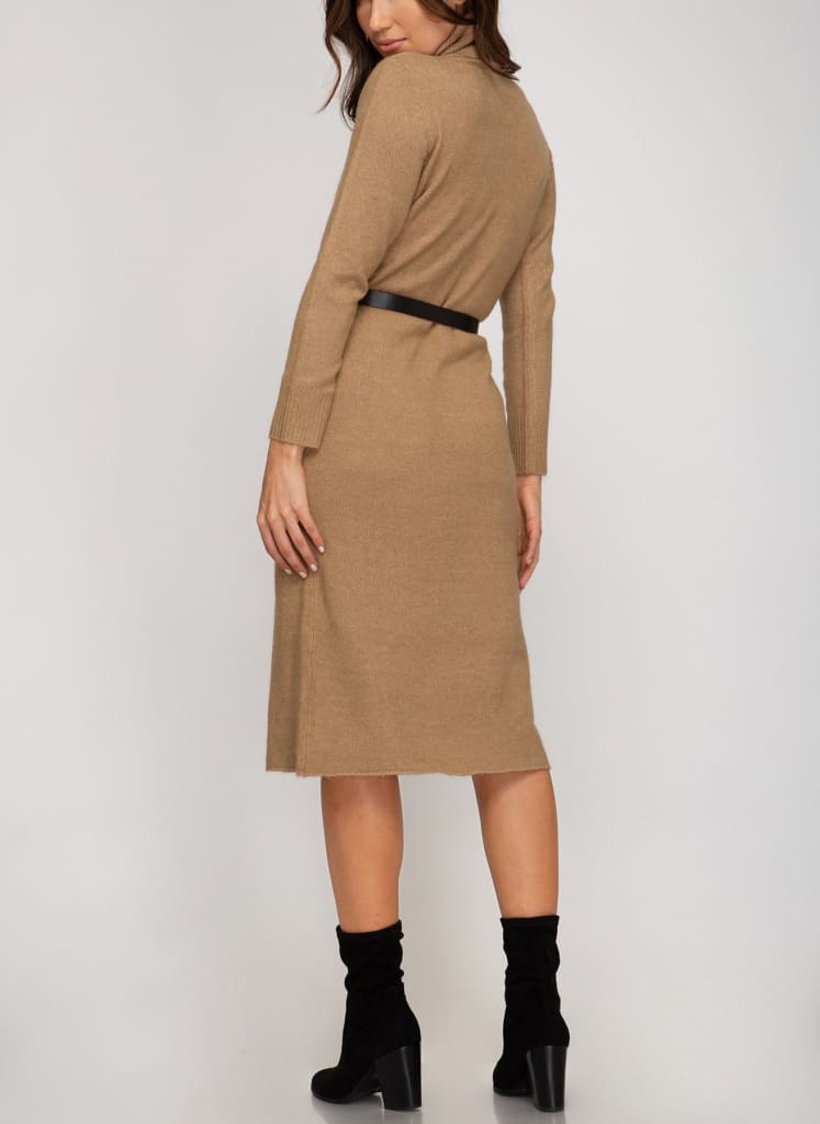 Belted Long sleeves Turtle neck knit sweater dress - L / 