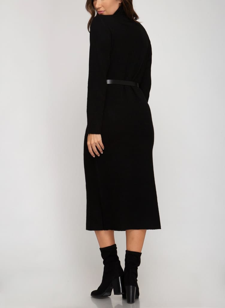 Belted Long sleeves Turtle neck knit sweater dress - M / 