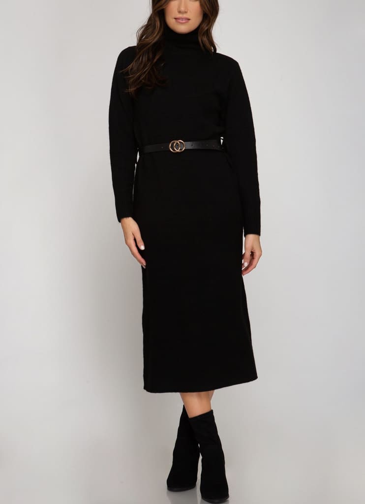 Belted Long sleeves Turtle neck knit sweater dress - S / 