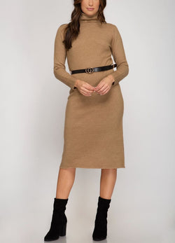 Belted Long sleeves Turtle neck knit sweater dress - S / 