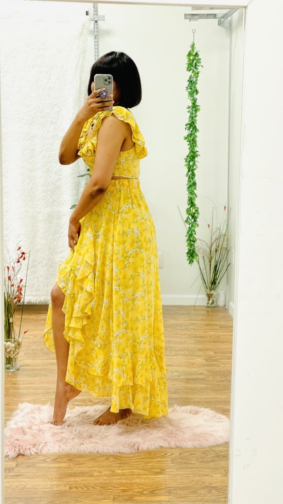 Beth ruffle sleeves crop top set - Yellow / L
