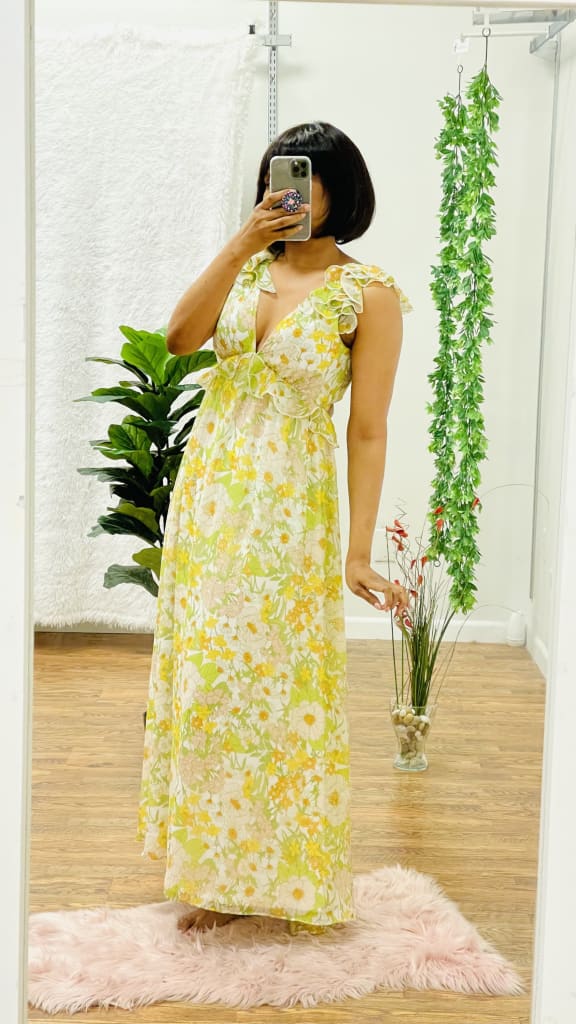 Cole ruffle sleeves maxi dress - Lime green floral / L