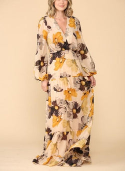 Floral print open sleeves Maxi Dress - L / Mustard