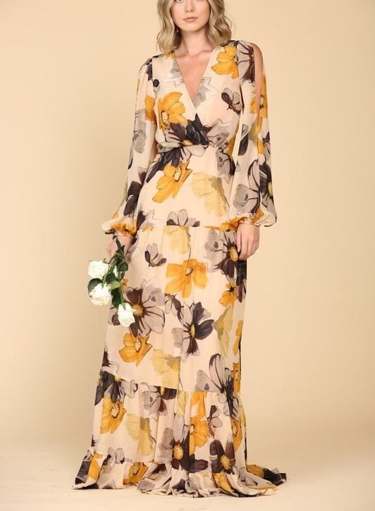 Floral print open sleeves Maxi Dress - S / Mustard
