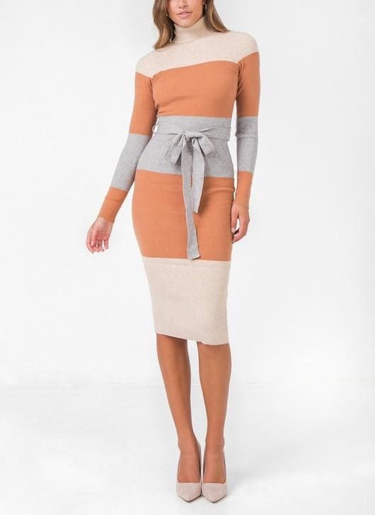 Midi Color blocked Sweater dress - S / Beige/Grey
