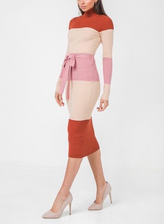 Midi Color blocked Sweater dress - S / Rust Mauve