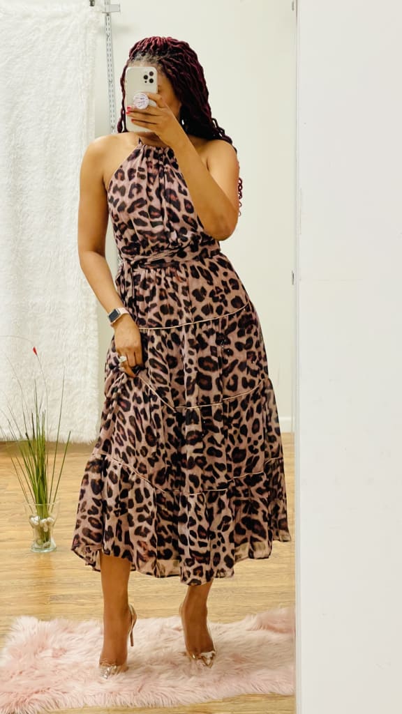 Sky Brand Leopard Print Halter Tie Maxi Dress W/ Leather & Chain