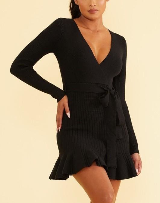 Rib knit ruffle hem dress - S / Black