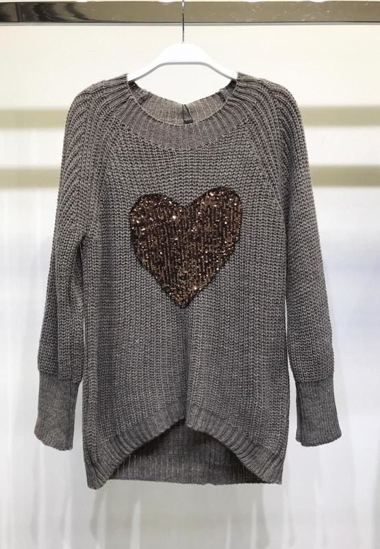 Sequin heart crochet long sleeve sweater - S / Mocha