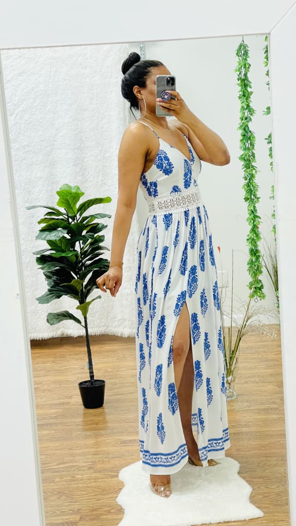 Sherry dress - White/blue printed / L
