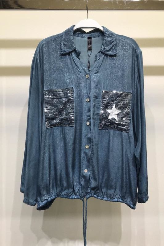 Star open collar button down Italian top - One size / Denim 