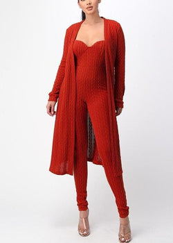 Sweater jumpsuit with long cardigan - S / Rust