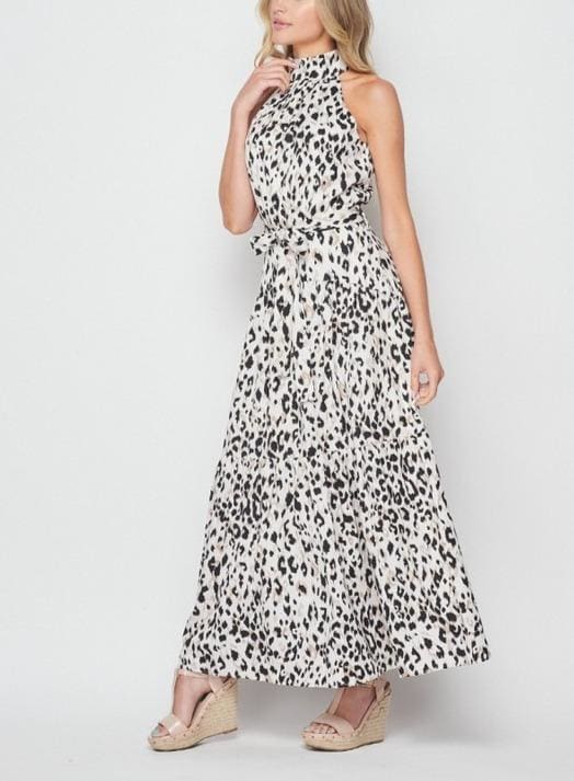 Woven animal print halter maxi dress - L / Ivory