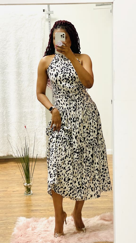 Woven animal print halter maxi dress - L / Ivory