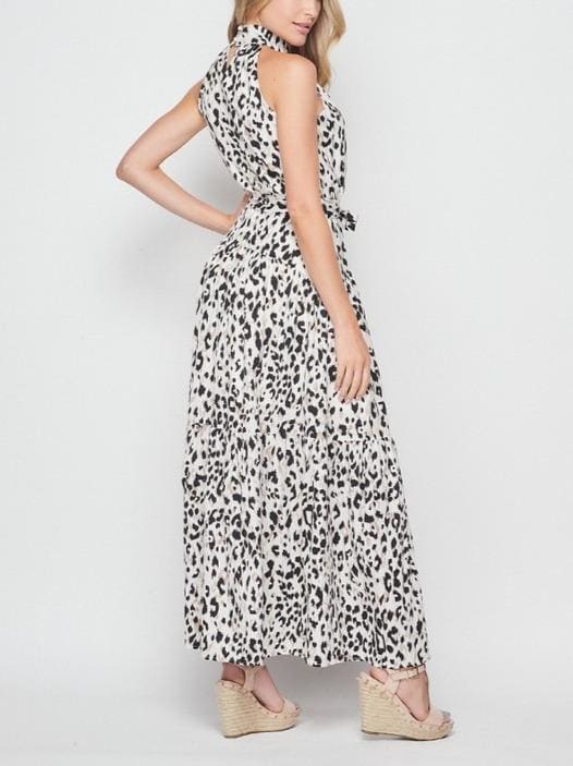 Woven animal print halter maxi dress - L / Ivory