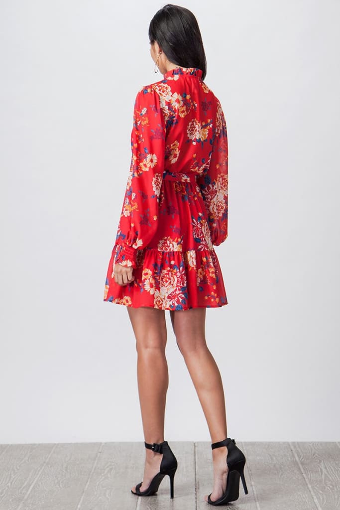 Zeta floral mini red floral print dress - S / Red Floral