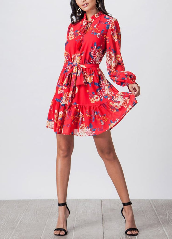 Zeta floral mini red floral print dress - S / Red Floral
