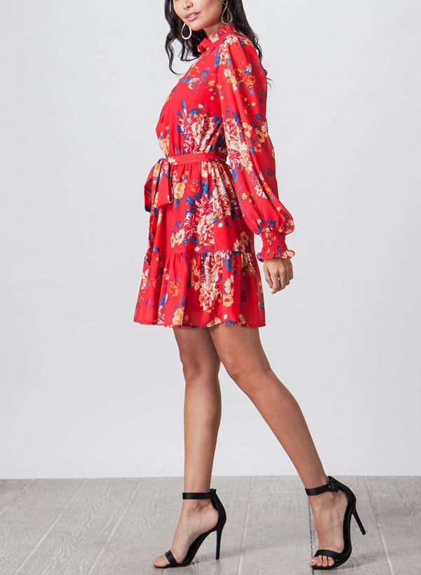 Zeta floral mini red floral print dress - S / Red Floral
